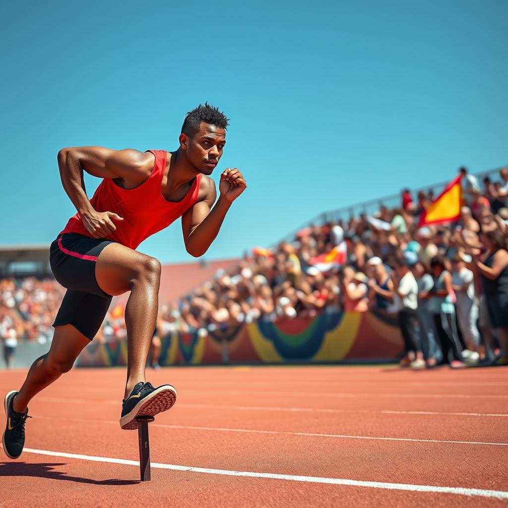 A dynamic scene featuring an intermediate-level sprinter mid-race on an outdoor track