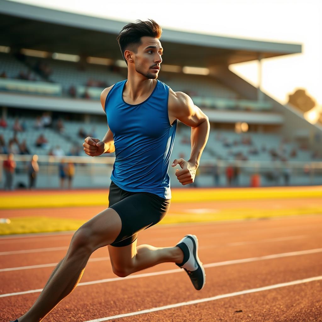 An intermediate sprinter in a dynamic running pose, showcasing athleticism and determination