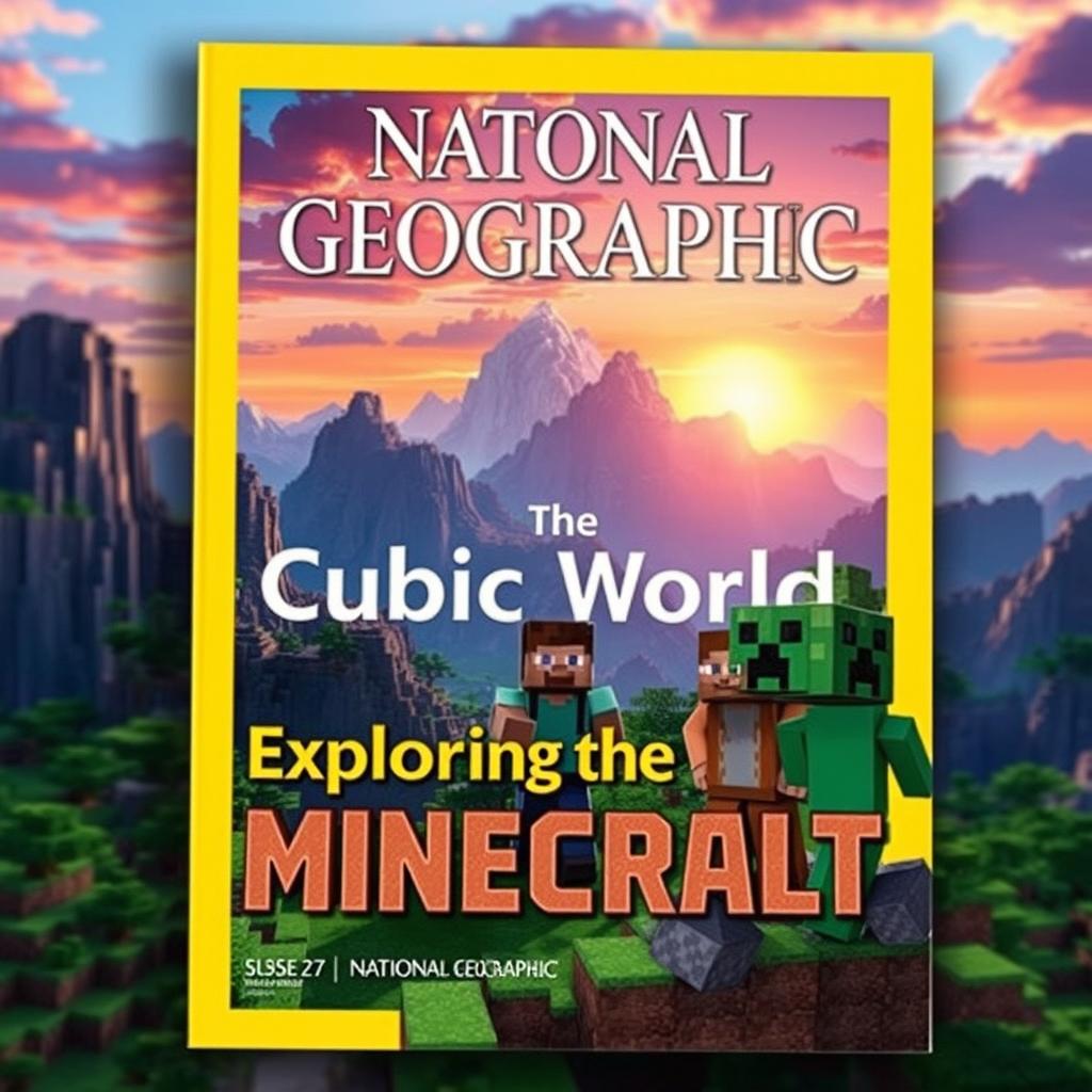 A visually stunning cover of a fictional National Geographic magazine themed around Minecraft