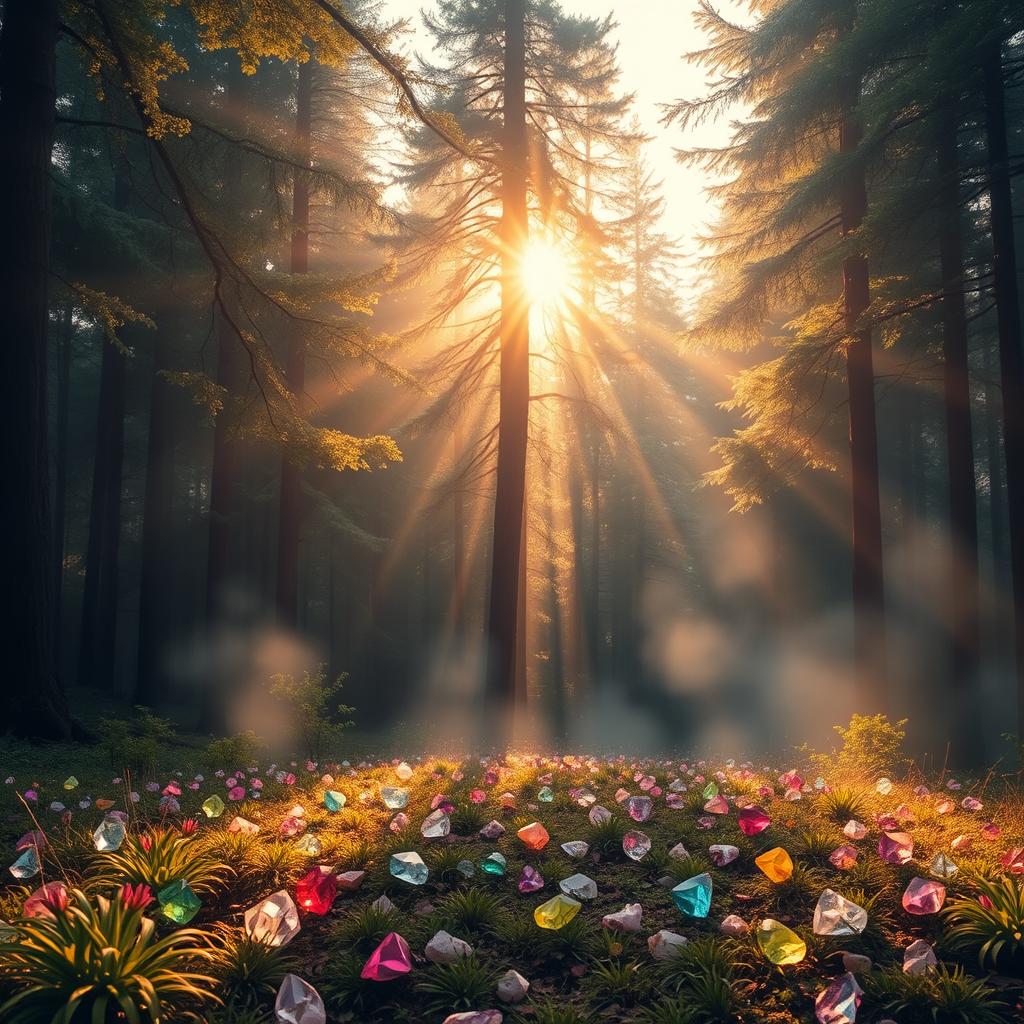 A transformative scene depicting a beautiful sunrise breaking through a dense forest, illuminating scattered fragments of crystals on the ground, reflecting light in vibrant colors