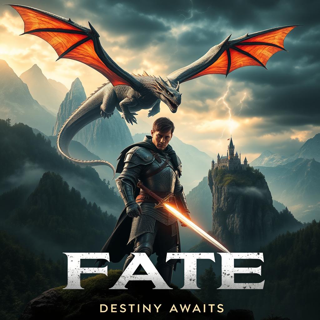 An epic movie poster for a fantasy film titled 'FATE', featuring a majestic dragon soaring over a mystical landscape filled with towering mountains and enchanted forests