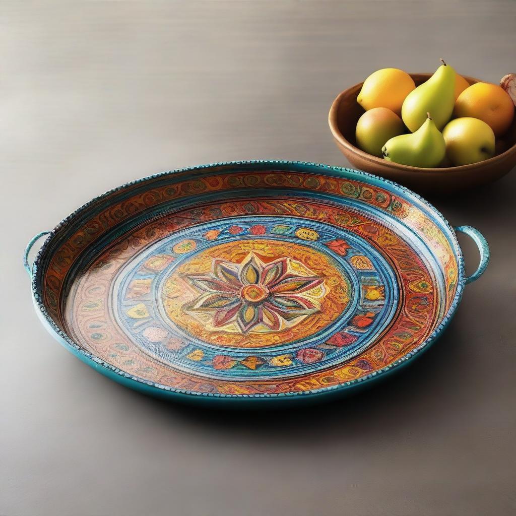 A new-style serving tray sculpted from metal, adorned with an intricate pattern, and painted with the most vibrant and pleasing colors, enhanced with two sturdy handles.