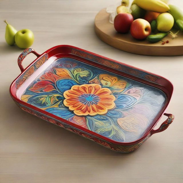 A new-style serving tray sculpted from metal, adorned with an intricate pattern, and painted with the most vibrant and pleasing colors, enhanced with two sturdy handles.