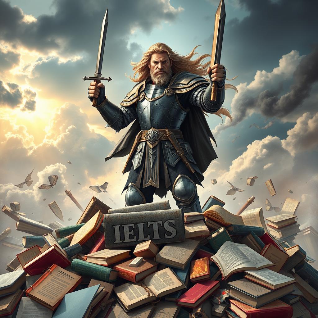 A fierce warrior in full battle armor, holding a pen poised like a sword, stands triumphantly on a pile of smashed IELTS books, symbolizing the conquest of knowledge