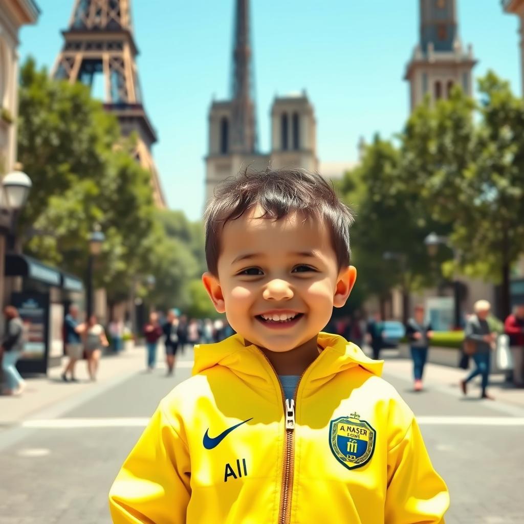 A young child wearing a bright yellow Al Nassr Saudi club jacket, standing in front of iconic Parisian landmarks like the Eiffel Tower and Notre Dame Cathedral