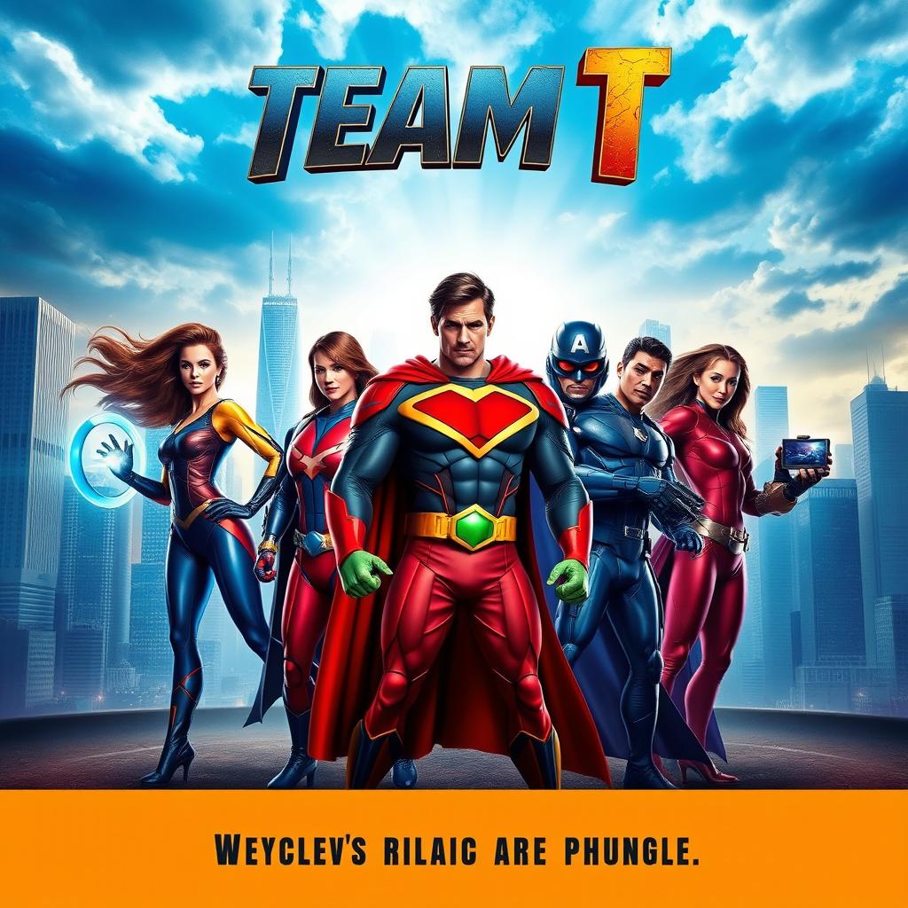 A dynamic and visually striking movie poster for 'Team T', featuring an ensemble of diverse superheroes in vibrant costumes striking heroic poses against a dramatic urban skyline backdrop