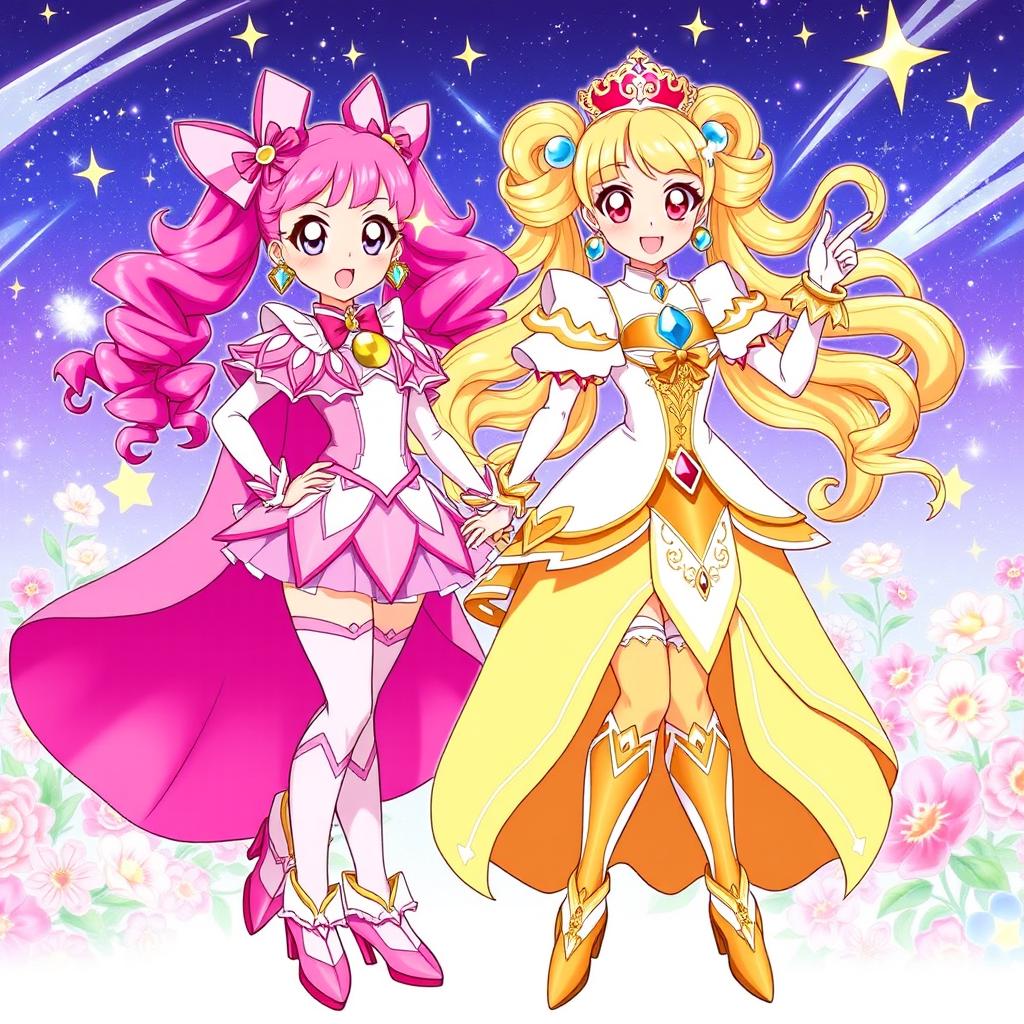 A vibrant and colorful illustration featuring Cure Lovely and Cure Precious from the Precure series