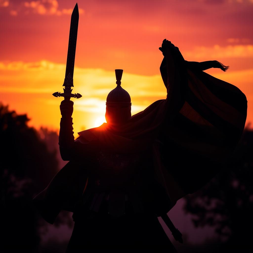 Heroic Warrior Silhouette at Sunset | Idyllic AI Art
