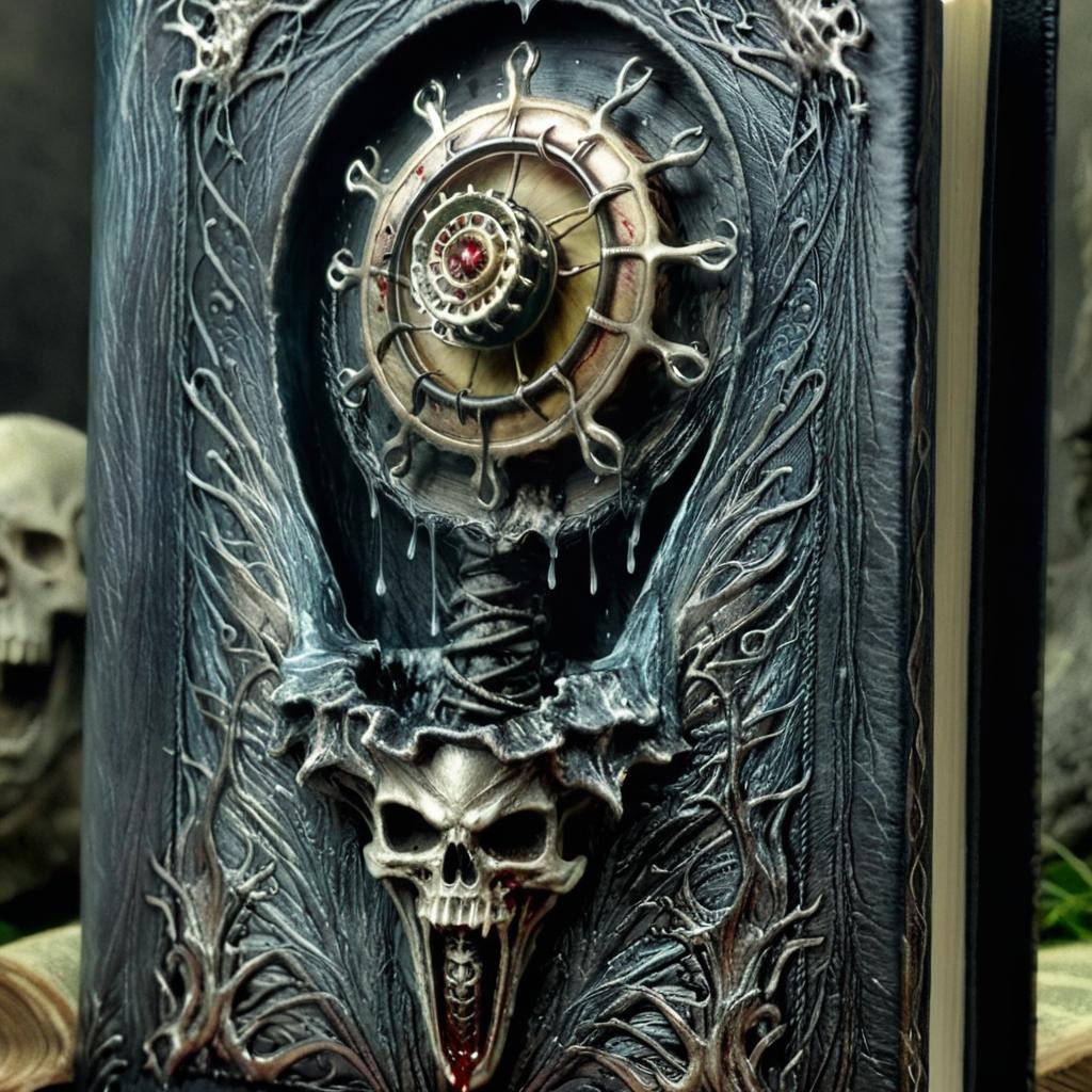 A cursed fantasy book cover.
A face is screaming from within a leather-bound book, veins pulsing across the pages, eyes rolled back.
Behind it, a throne of stitched human flesh, bones that still bleed, and silent, faceless women sewn into the structure.
Above, a black sky rains burning books, their ink turning to smoke, symbols glowing red.
The ground is covered in arcane blood sigils, cracked skulls, whispering spirits, and blades dipped in fresh blood.
An open book at the center bleeds red text that moves like worms.
Symbols and carvings glow from the pages, as if branded by fire.
Style: gothic horror, hyper-realistic, textured like cursed flesh, cinematic lighting, deep shadows, crimson and black tones.