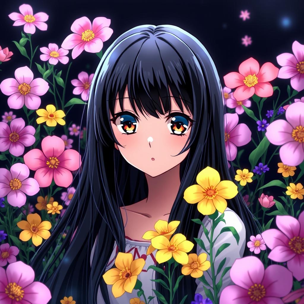 An anime girl with striking hazel eyes and long black hair, standing gracefully amid a vibrant variety of colorful flowers