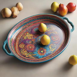 A new-style serving tray sculpted from metal, adorned with an intricate pattern, and painted with the most vibrant and pleasing colors, enhanced with two sturdy handles.