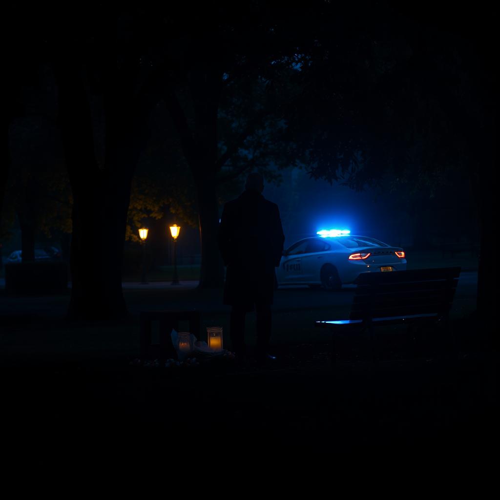 A dramatic and enigmatic scene set in Monarch Park at twilight