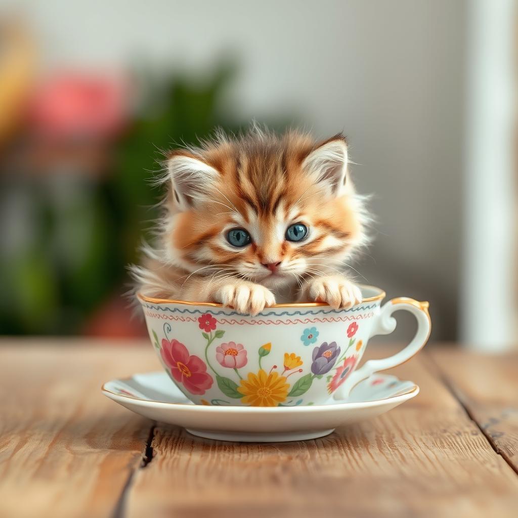 A raw photograph of an adorable, fluffy kitten nestled comfortably inside a delicate teacup
