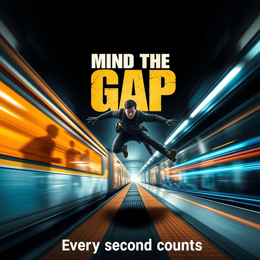 An electrifying movie poster for 'Mind The Gap', featuring a thrilling action scene set in an underground subway station