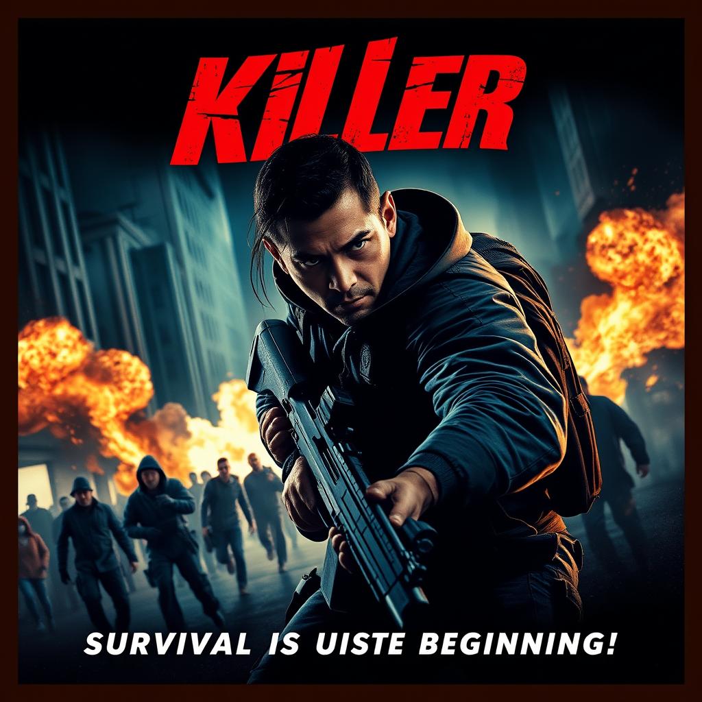 An intense and gripping action movie poster titled "Killer" featuring a strong, enigmatic hero in a dynamic action pose, set against a dark, moody urban backdrop