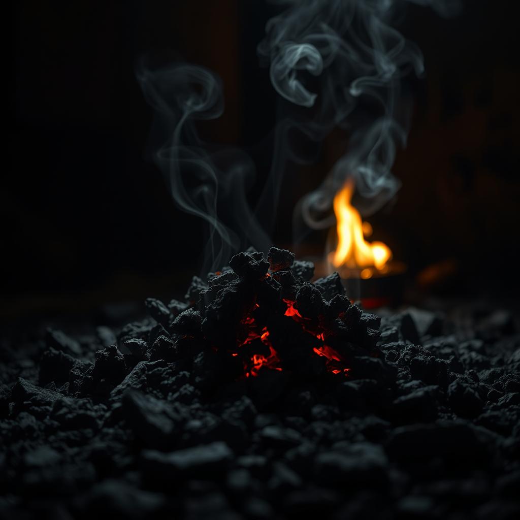A dark and mysterious scene featuring a pile of ashes in the center, surrounded by a dimly lit atmosphere