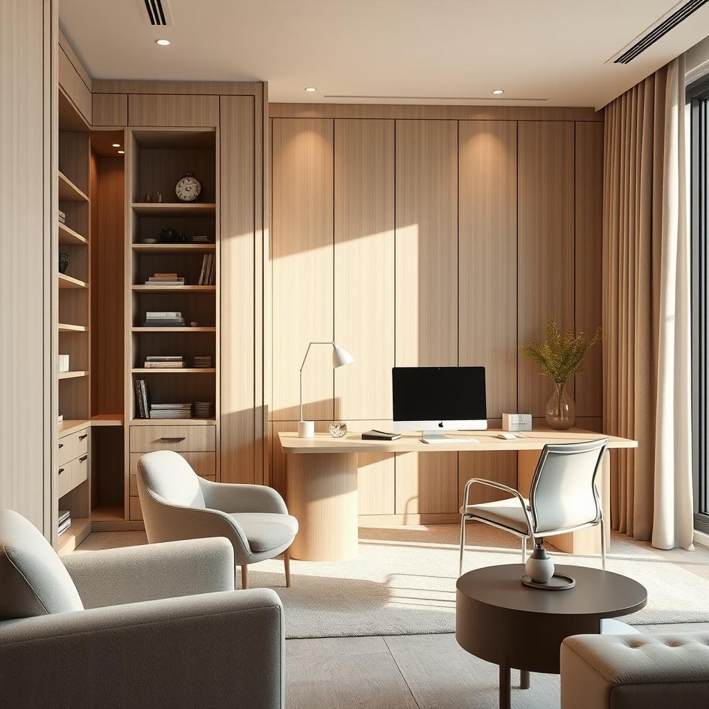 An elegant and modern office space design featuring a pantry with open shelves for easy access and organization