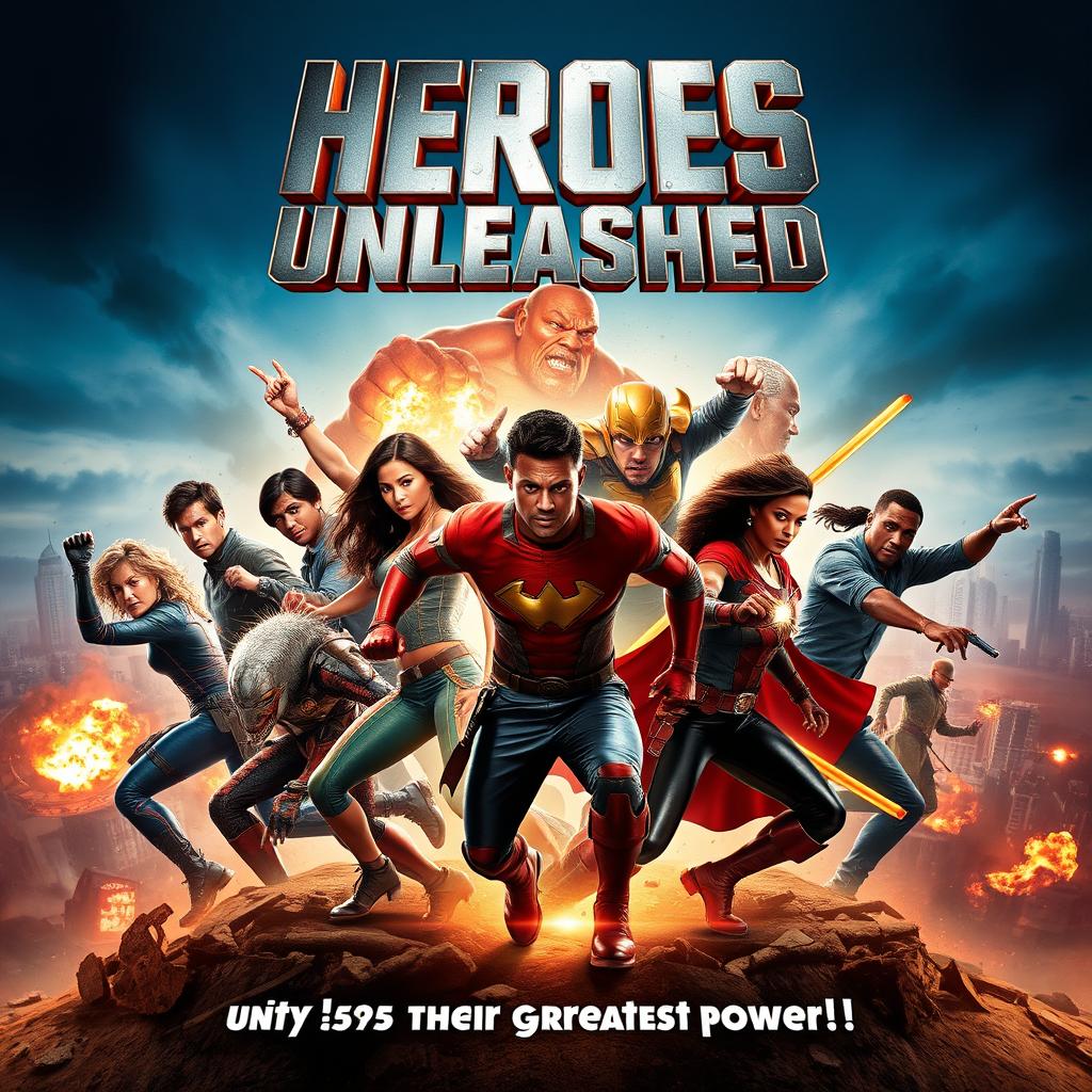 An exhilarating and dynamic movie poster for the action film "Heroes Unleashed"