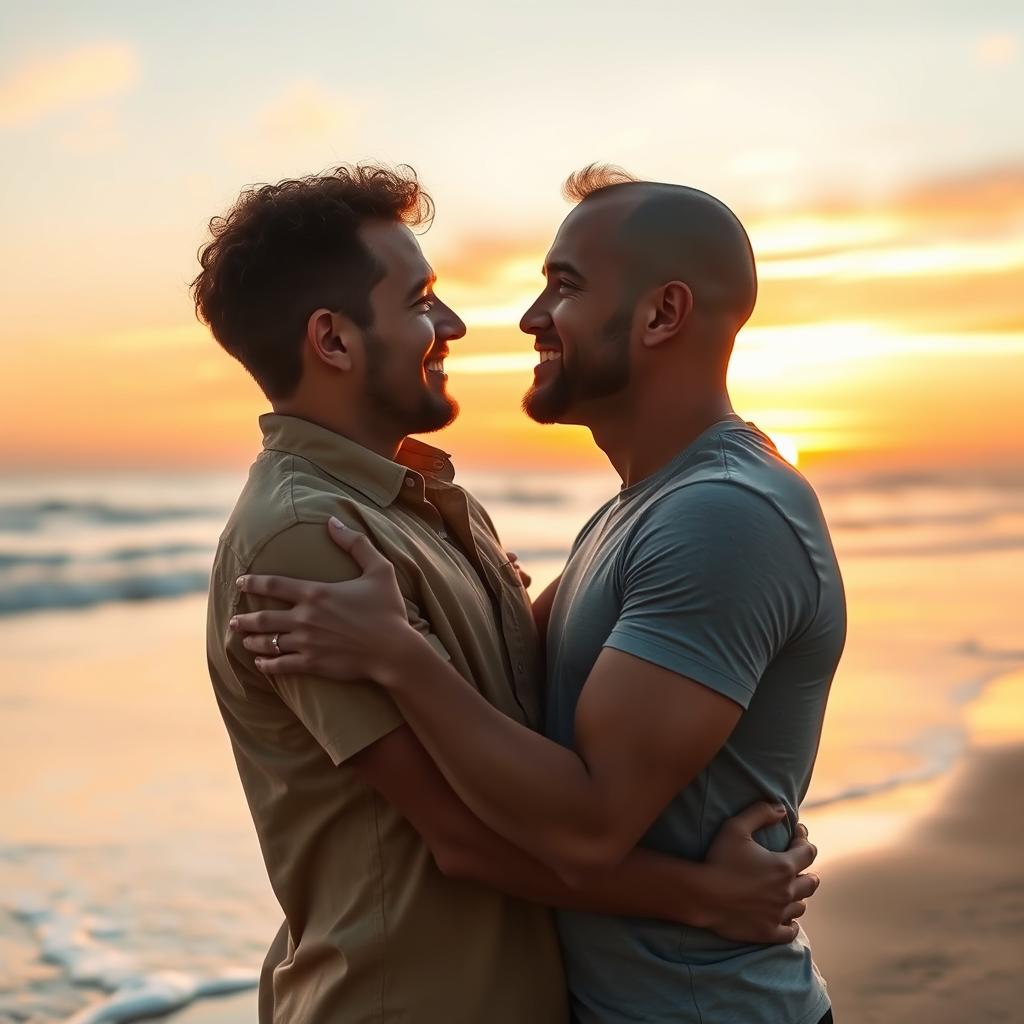 A romantic scene capturing a loving couple, two men in a warm embrace, gazing into each other's eyes with affection