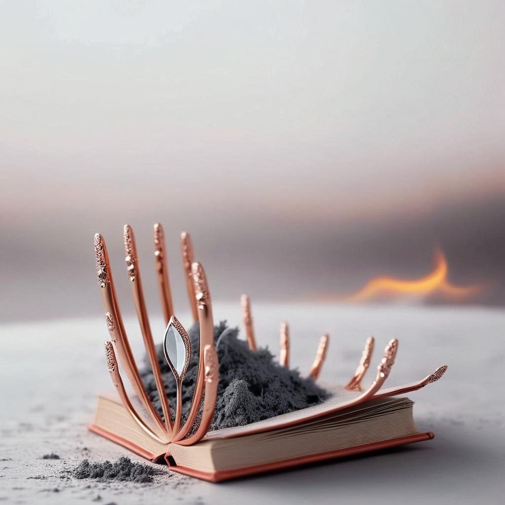 Using the image replace the book with a pile of ashes