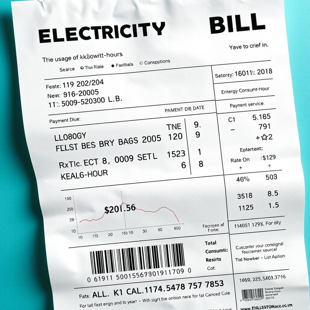 A detailed and realistic depiction of an electricity bill, featuring key components such as the customer's name, address, billing period, usage in kilowatt-hours, total amount due and payment due date