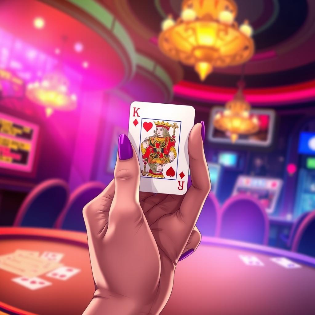 A beautifully illustrated anime scene featuring a woman's hand gracefully holding a single poker card