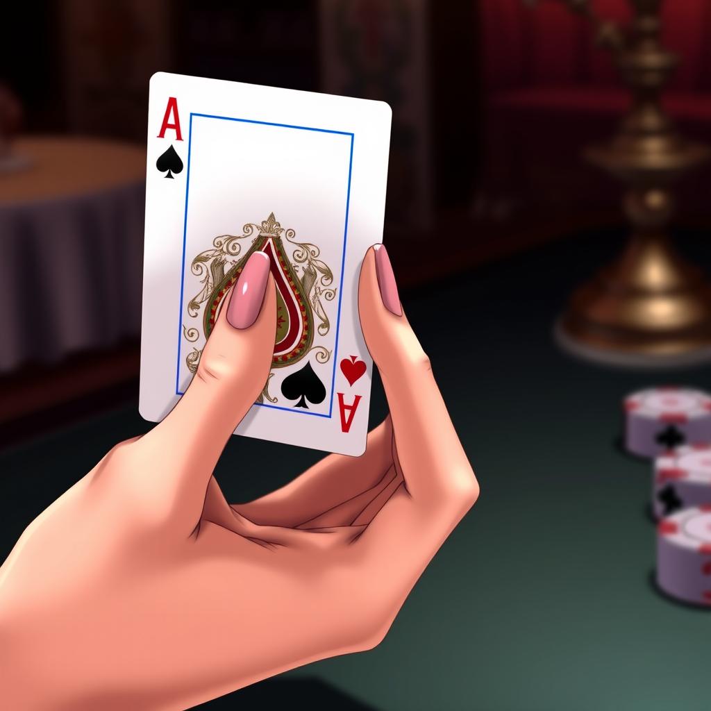 A beautifully illustrated anime-style image featuring a woman's hand gracefully holding a poker card, with intricate details on the card itself