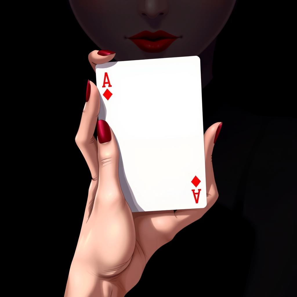 A visually striking anime-style image featuring a woman's hand holding a blank poker card, with the thumb gently touching only the corner of the card to keep it uncovered