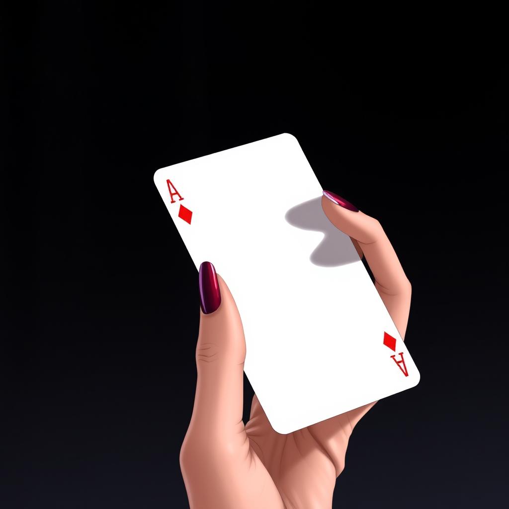 An anime-style image featuring a woman's hand delicately holding a blank poker card