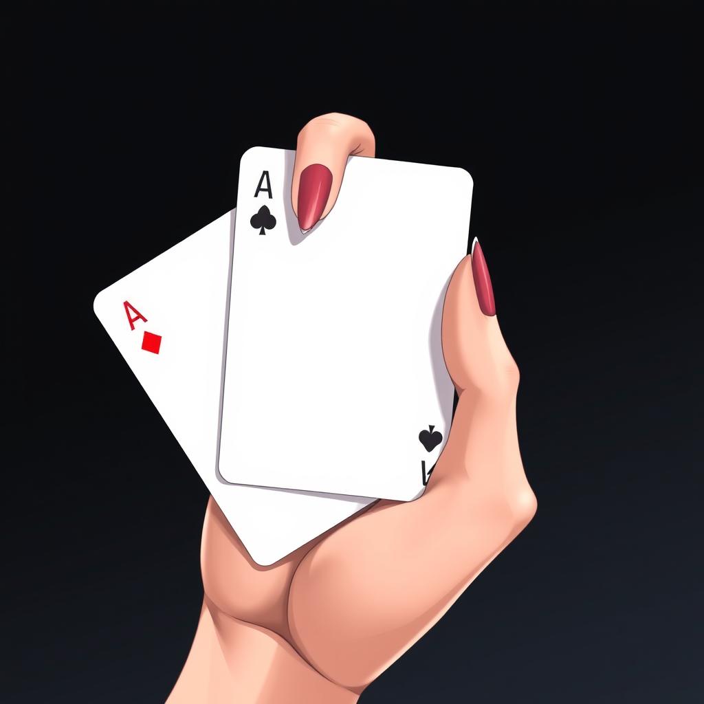 An anime-style image showcasing a woman's human hand holding a blank poker card