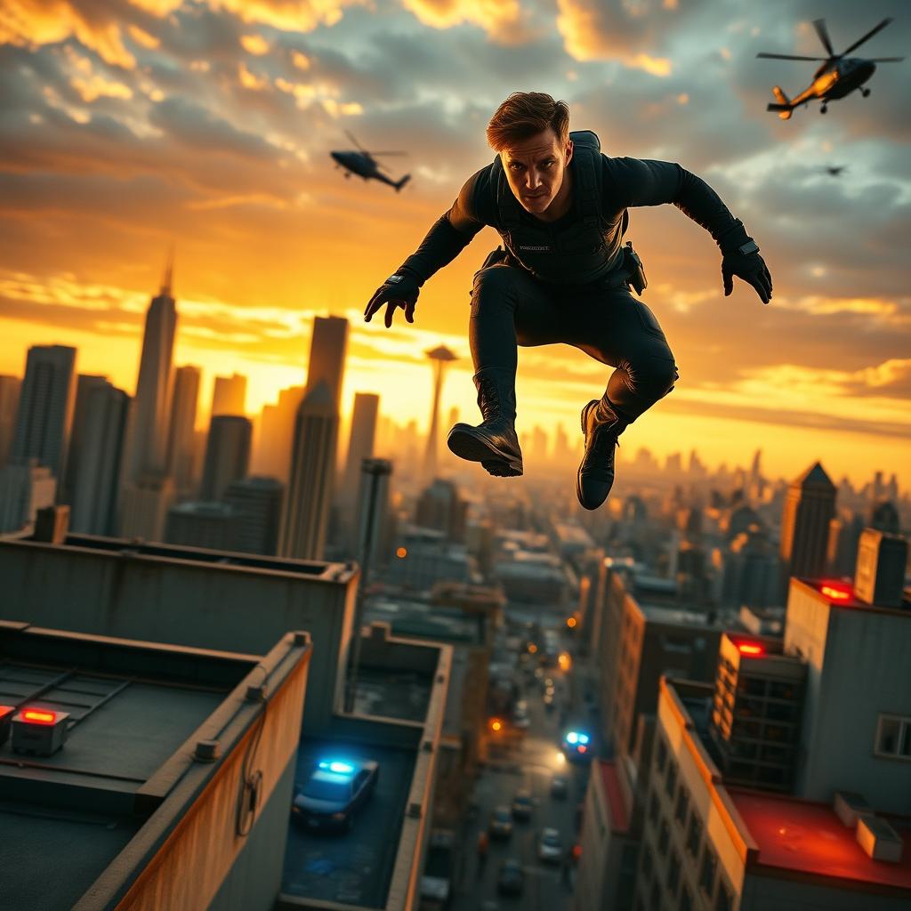 A tense action movie scene titled "Don't Jump" featuring a daring rooftop chase