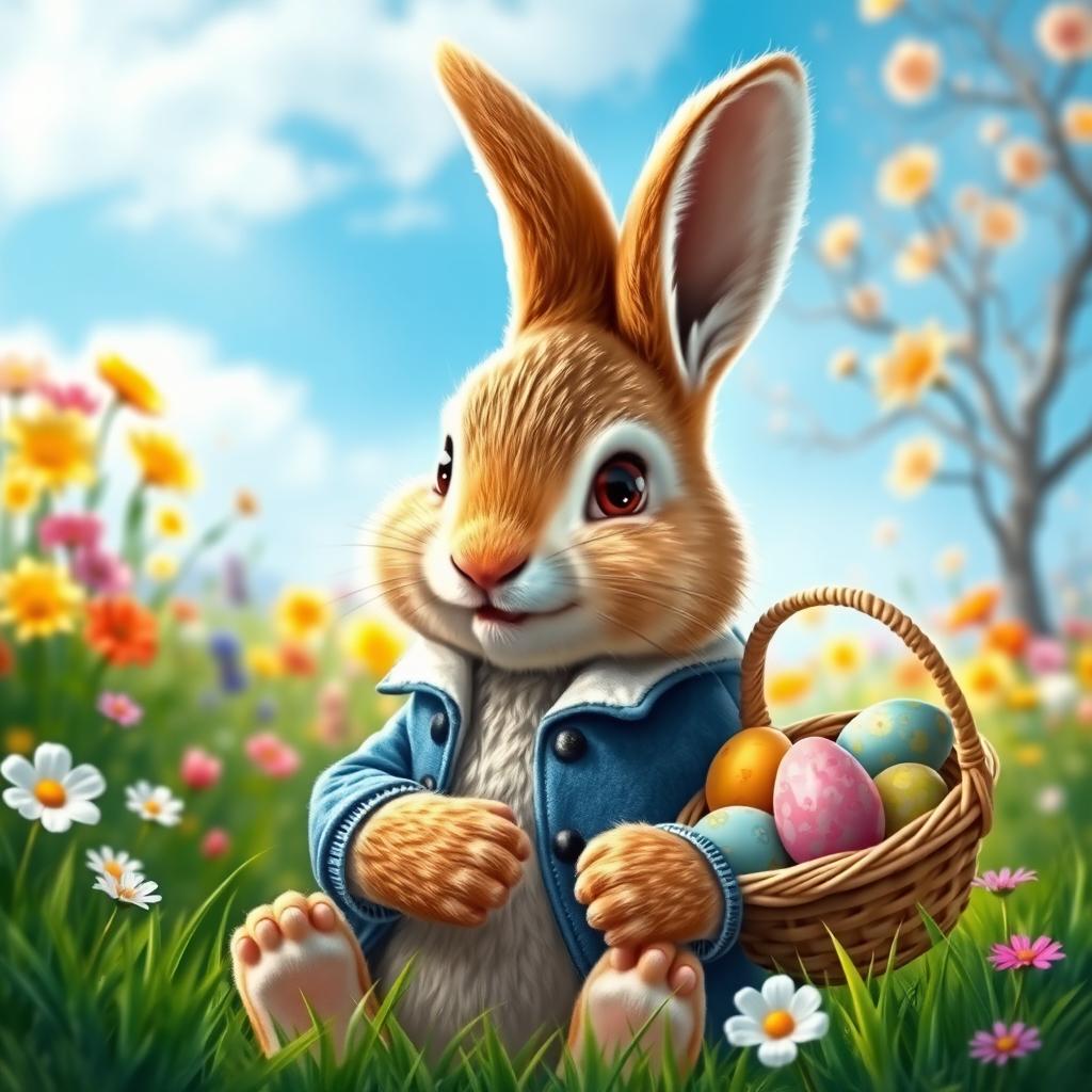 A realistic depiction of an Easter Bunny, styled to resemble the classic character Peter Rabbit