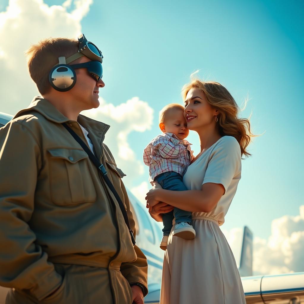 A captivating scene depicting an airplane pilot standing beside his aircraft, wearing a classic aviator uniform, looking proudly at his plane