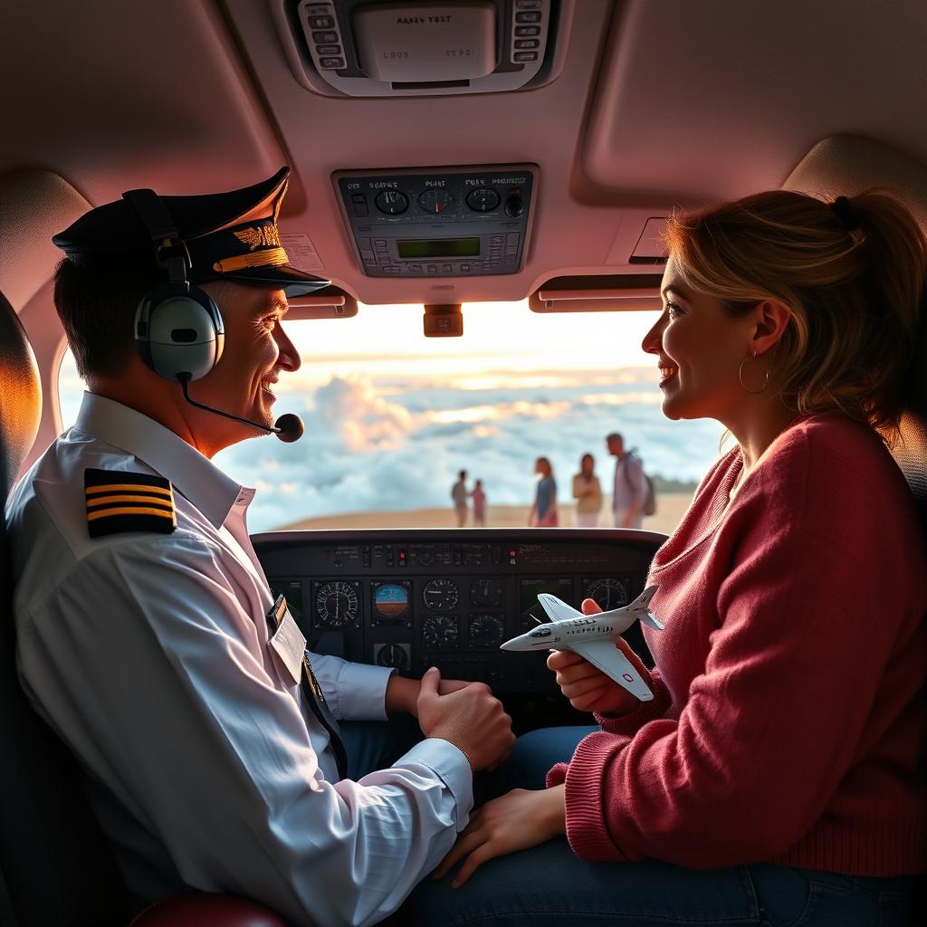A romantic scene set in an airplane cockpit featuring a skilled pilot in uniform confidently navigating the skies