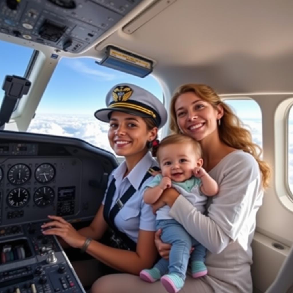 A charming scene inside an airplane cockpit featuring a female pilot in a professional pilot's uniform