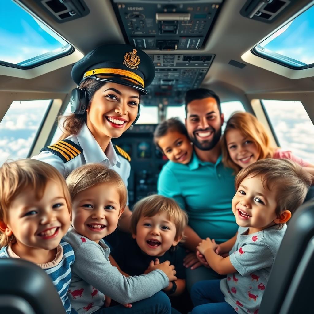 A vibrant scene inside an airplane cockpit showcasing a female pilot wearing a professional uniform and captain's hat, smiling as she interacts warmly with a family