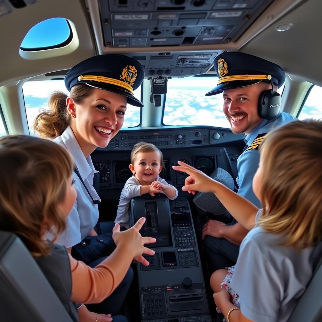 A lively scene inside an airplane cockpit featuring a friendly female pilot dressed in a professional uniform and captain's hat, joyfully engaging with a family