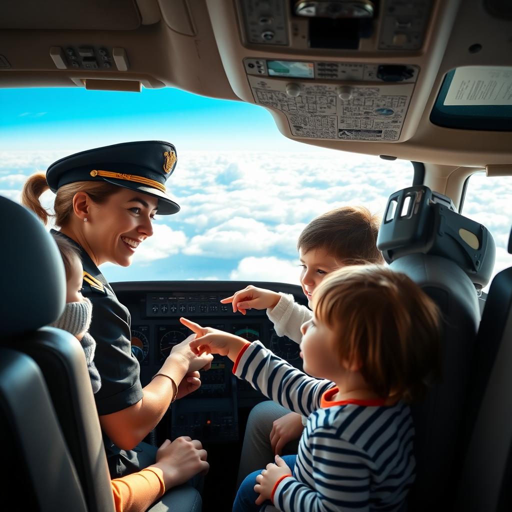 A warm and inviting scene inside an airplane cockpit featuring a female pilot dressed in a professional uniform and a captain's hat, happily engaging with a family