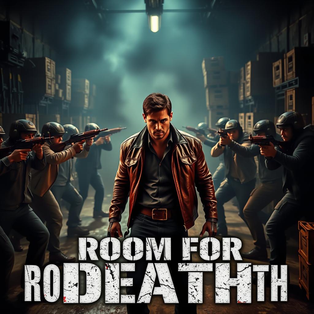 An intense action movie scene titled "Room For Death" featuring a gripping confrontation in a dimly lit warehouse