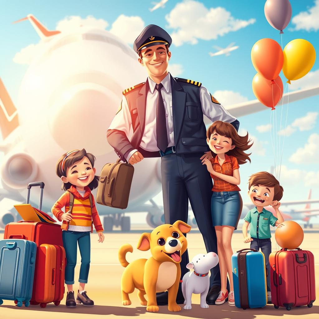An imaginative scene portraying a tall airplane pilot proudly standing next to a vibrant family that includes a loving nanny, all surrounded by colorful elements representing their adventures together