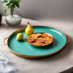 A luxurious new-style serving tray, forged from metal with a simple, elegant design, radiant with the best selection of colors, and featuring two sturdy handles.