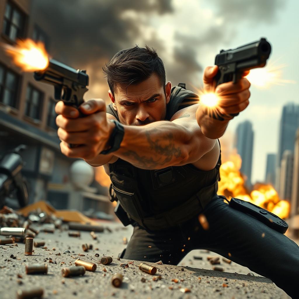 A thrilling action movie scene featuring a dynamic gunfight in an urban setting