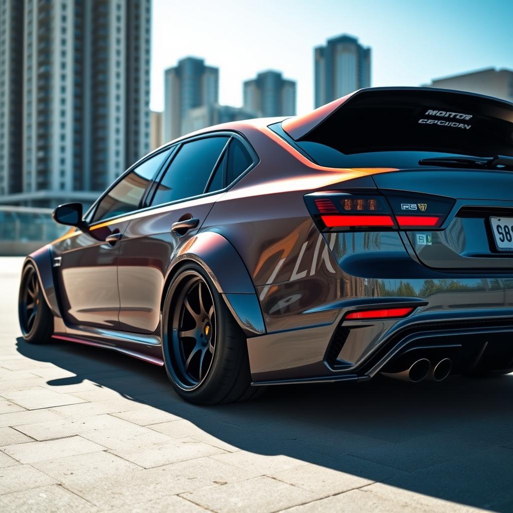 A customized car parked in a modern urban environment, showcasing sleek modifications and a unique paint job