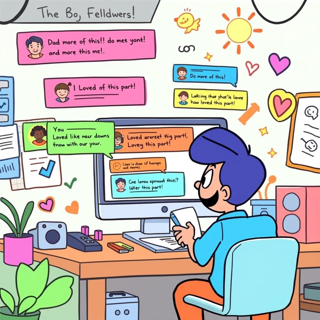 A vibrant, cartoonish scene depicting a lively social media environment