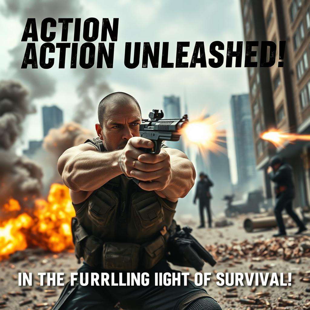 A thrilling action movie scene featuring a dynamic gunfight in an urban setting, with bold text overlay