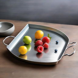 A luxurious new-style serving tray, forged from metal with a simple, elegant design, radiant with the best selection of colors, and featuring two sturdy handles.