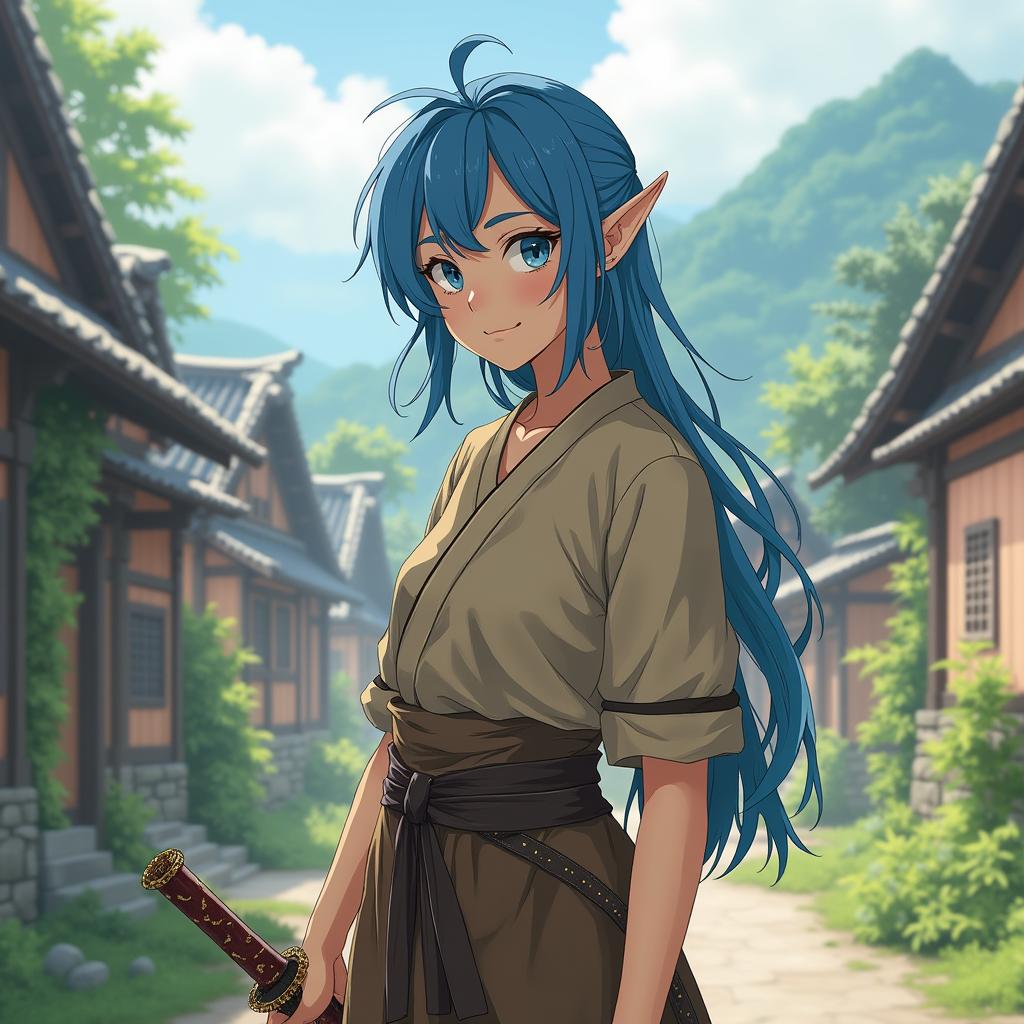 An eighteen-year-old female half-elf commoner with striking blue hair, casually styled and flowing down her shoulders