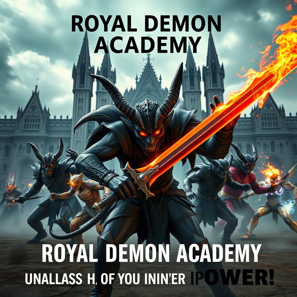 An electrifying action movie scene set in a mystical academy for demons