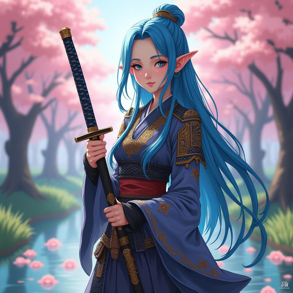 An eighteen-year-old female half-elf samurai with striking blue hair, standing confidently with an odachi (a large traditional Japanese sword) held expertly in her hands