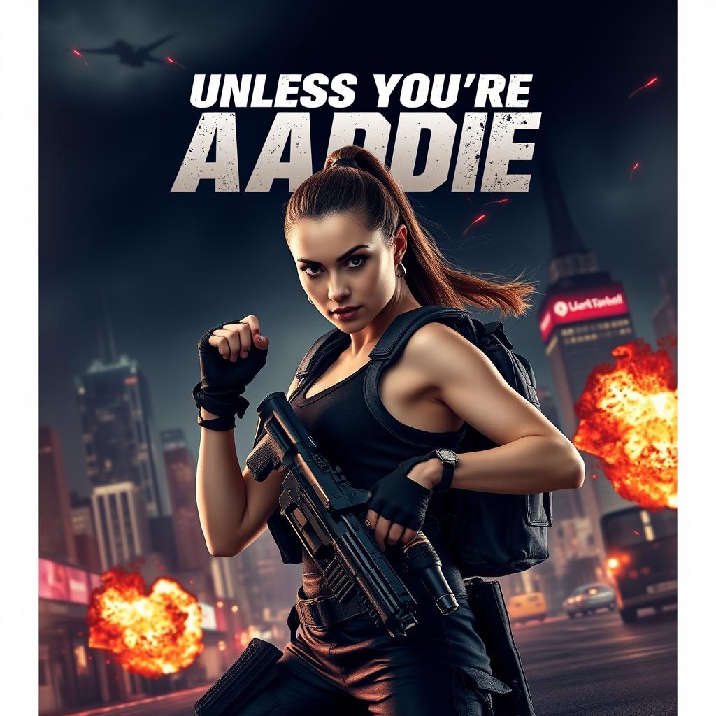 A dynamic and intense action movie poster featuring a fierce female protagonist, confidently posing with a powerful stance